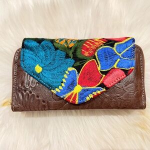Mexican Floral Embossed Leather Flap Closure Wallet